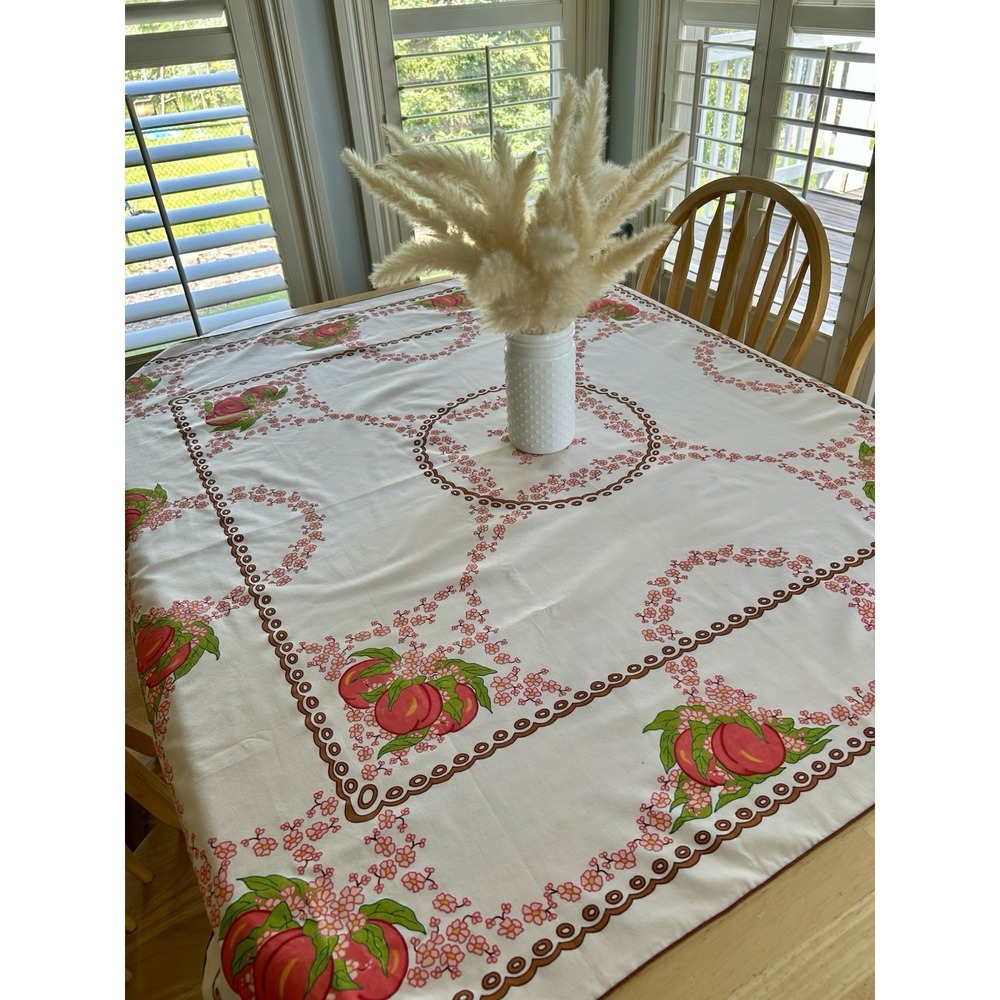 Vintage Tablecloth Square Peaches Summer Picnic Party 52.5" Peach Brown Beige